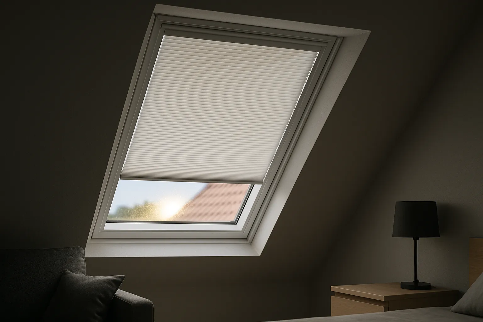 Dachfenster mit passgenauem Wabenplissee in Seitenschienen; sichtbare Wabenstruktur an der Kante als Luftkammer-Puffer; außen starke Sonne, innen verdunkelt und kühl, ohne Lichtspalte.