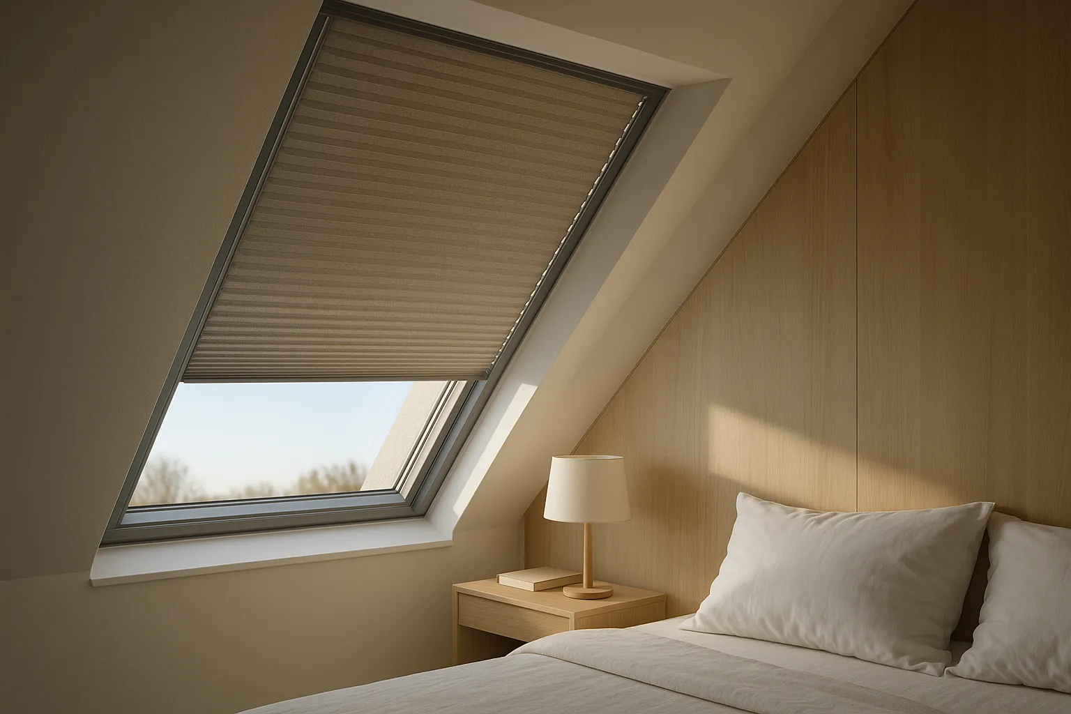 Fotorealistisches Querformat-Bild eines Dachfensters mit halboffenem, perlmuttbeschichtetem Plissee, das flaches Sonnenlicht dezent reflektiert und den Raum hell, aber blendfrei und kühl hält.