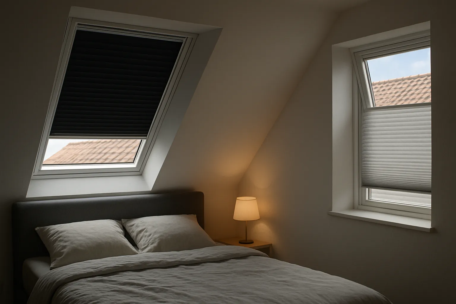 Modernes Dachschlafzimmer am Tag mit vollständig geschlossenem Blackout‑Plissee und passgenauen Seitenschienen, das den Raum fast komplett verdunkelt; draußen ist helles Sonnenlicht zu sehen, innen bleibt es kühl und ruhig.