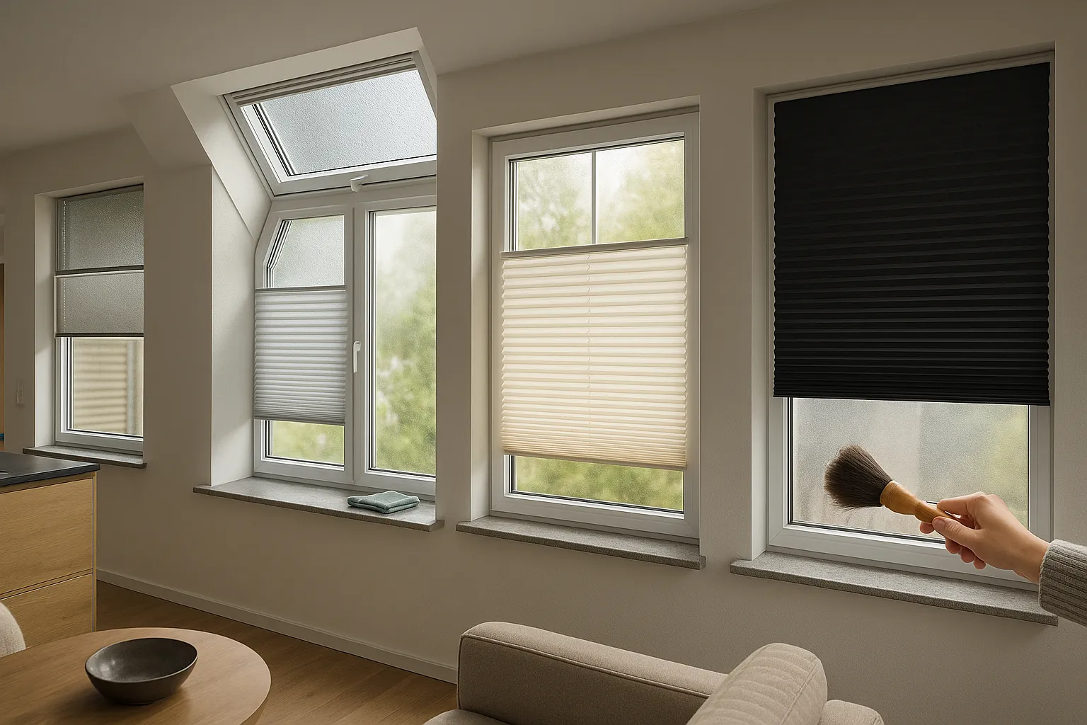 Fotorealistische Innenaufnahme: mehrere Fenster mit Plissees in Blackout, lichtdurchlässig, Thermo und Perlmutt; ein Dachfenster mit Wabenplissee zeigt leichtes Kondensat und Hinterlüftung; eine Hand bürstet Staub ab, ein feuchtes Mikrofasertuch liegt bereit – robuste, alltagstaugliche Pflege ohne aggressive Reiniger.