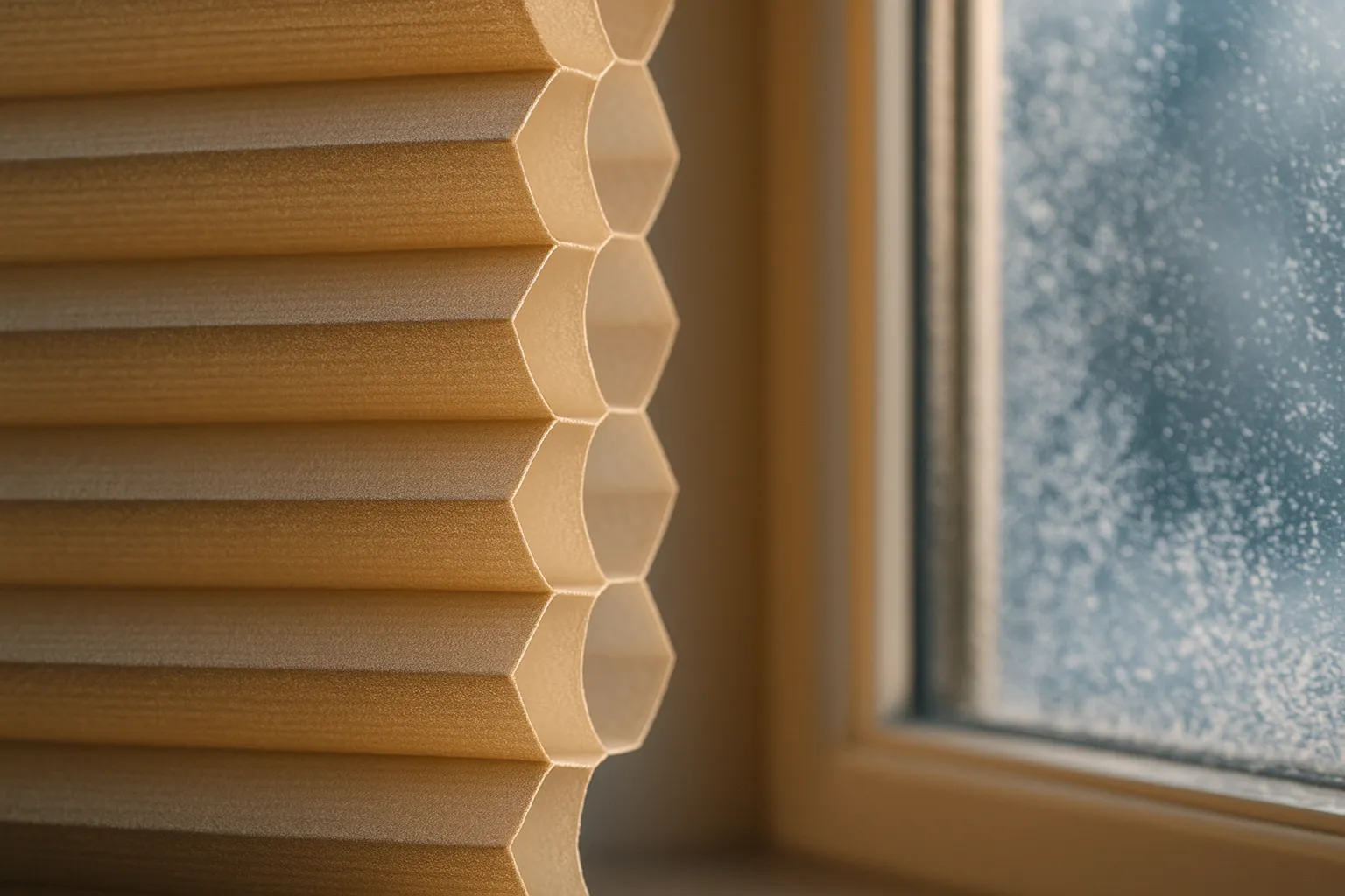 Fotografie eines aufgeschnittenen Wabenplissees am Fenster: klar erkennbarer Wabenquerschnitt mit geschlossenen, gesinterten Luftkammern als thermische Barriere; außen Raureif, innen warmes Licht.