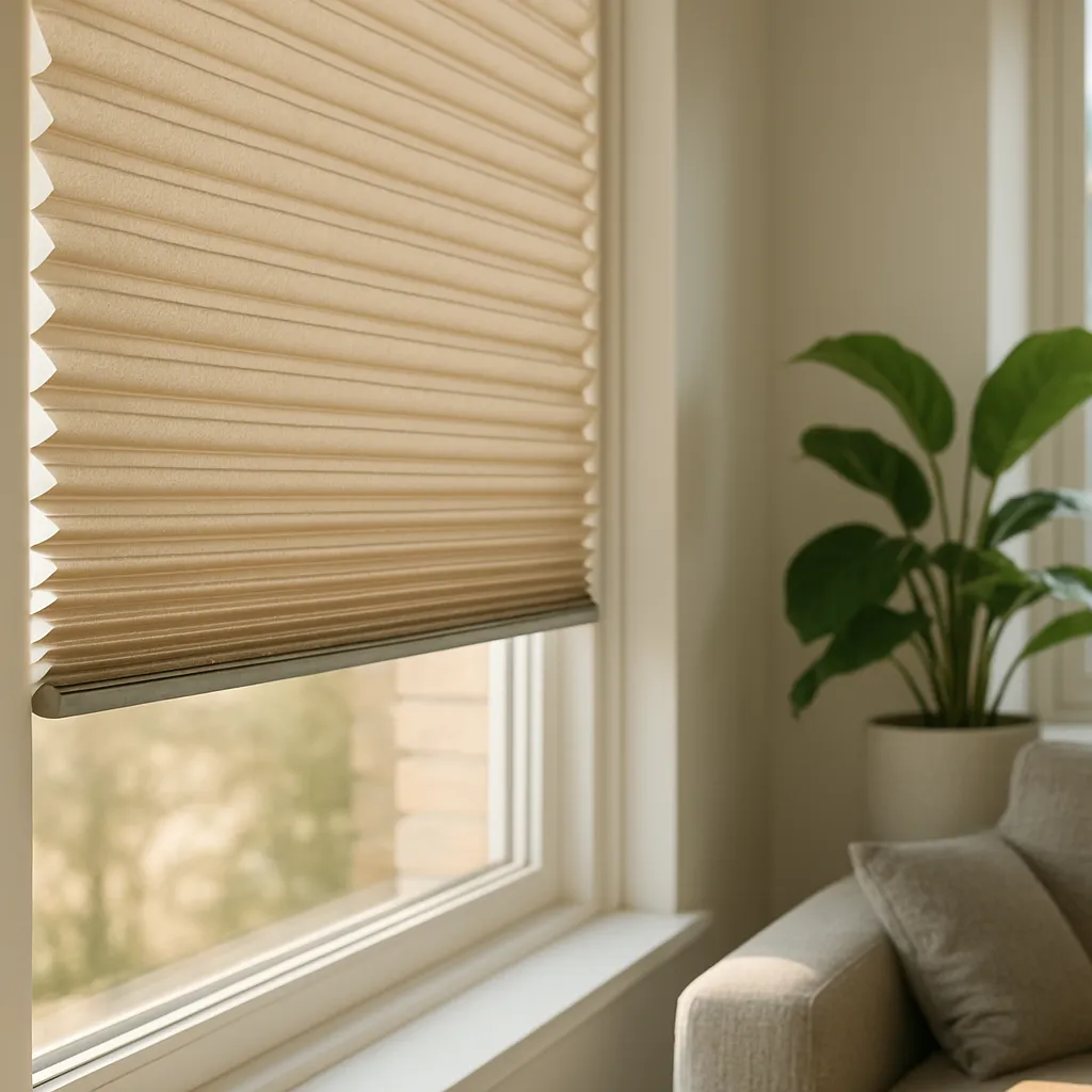 Fotorealistische Landschaftsaufnahme eines hellen, beschichteten Wabenplissees am Fenster; seitliche Schnittkante zeigt die Wabenstruktur, Sonnenlicht wird nach außen reflektiert, innen bleibt es weich und schattig.