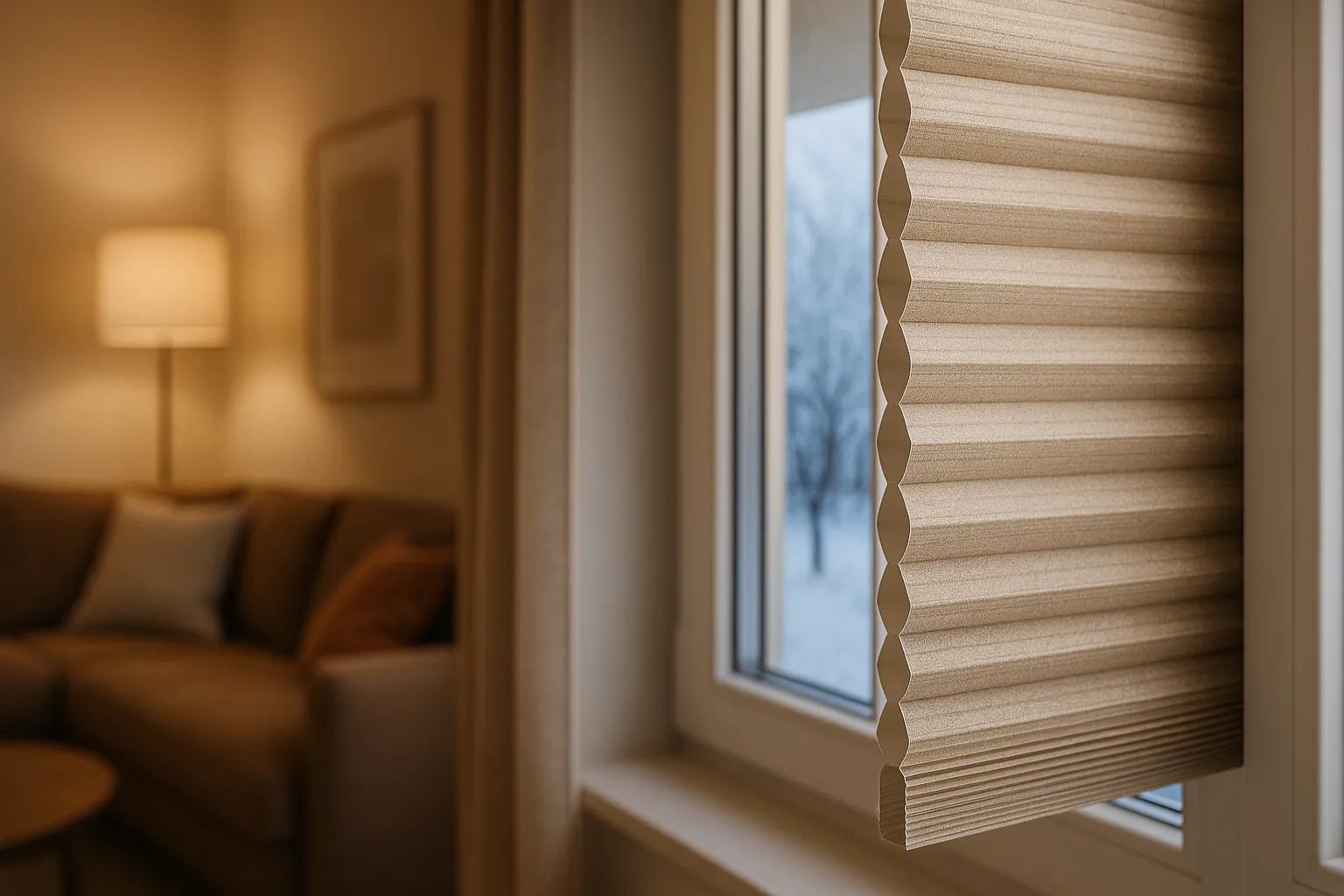 Fotorealistische Szene: Fenster mit Wabenplissee/Thermoplissee, makroscharf sichtbare Doppelwaben-Struktur; draußen winterlich kalt, innen warm und behaglich – Fokus auf Isolationsleistung, Energieeffizienz und Langlebigkeit.