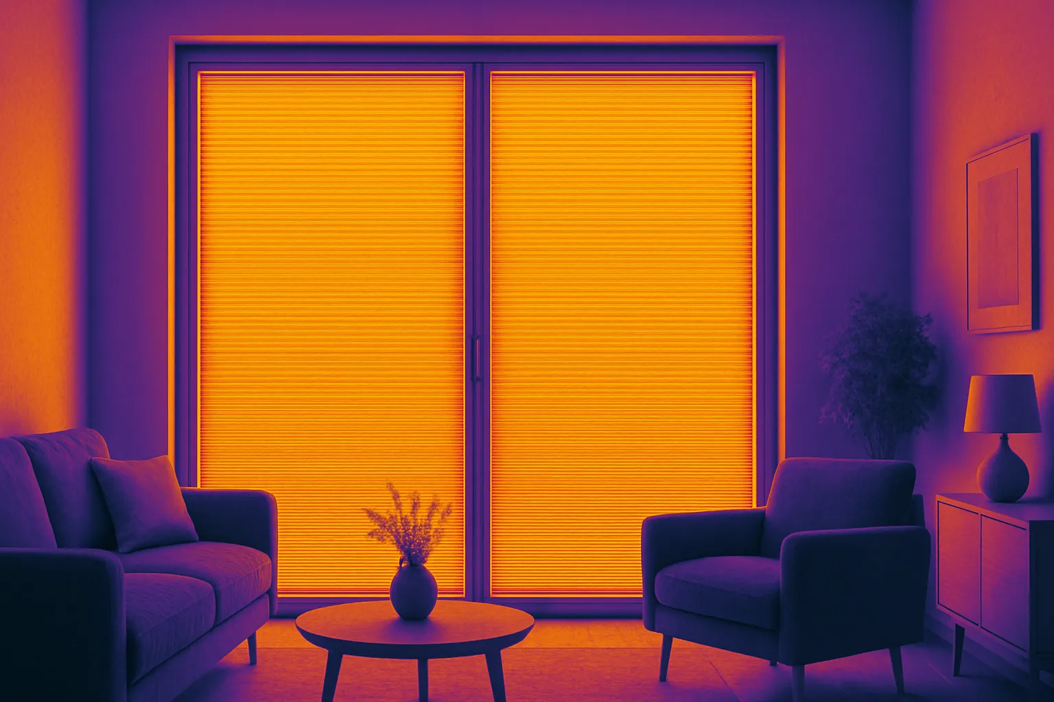 Thermografische Innenaufnahme: geschlossenes Wabenplissee vor einer Fensterfront mit gleichmäßigem Temperaturbild und nur leicht kühleren Bereichen am Fensterrahmen.