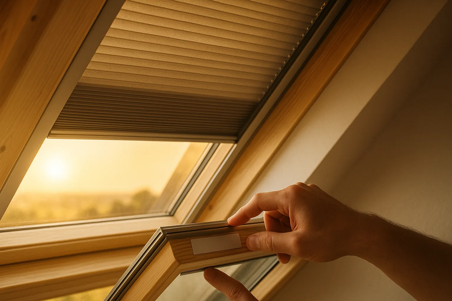 Querformatfoto eines Dachfensters mit passgenauem Plissee für Hitzeschutz und Verdunkelung; eine Hand zeigt auf das am Rahmen sichtbare, aber unleserliche Typenschild.