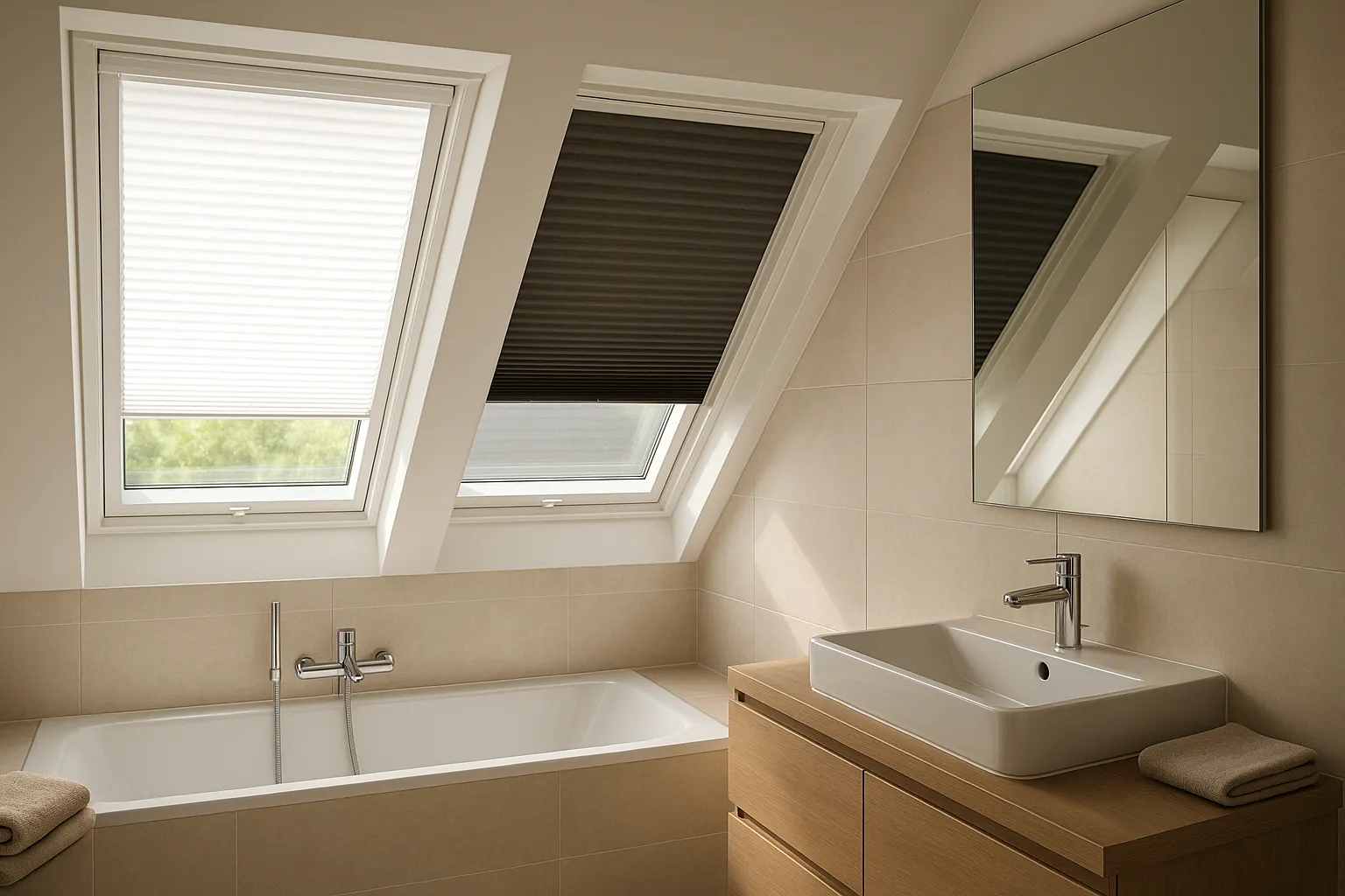 Dachgeschoss-Bad mit zwei Dachfenstern: links Thermoplissee in Weiß mit reflektierender Rückseite für Hitzeschutz, rechts halb geschlossenes Wabenplissee in Graphit für Verdunkelung; beide passgenau in Führungsschienen montiert, realistische Fotografie im Querformat.