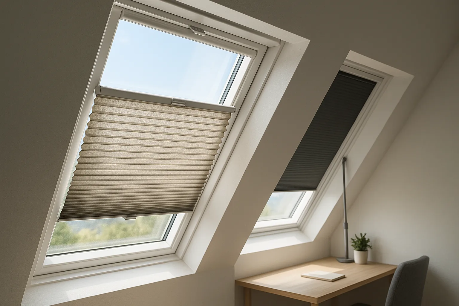 Dachfenster mit maßgefertigtem Plissee: halb geschlossen und mittig positioniert über zwei Griffleisten, seitlich geführte schnurfreie Mechanik ohne Nachsacken, Verlängerungsstab daneben, zweites Fenster im Hintergrund vollständig verdunkelt – realistische Fotografie für Hitzeschutz und blendfreie Nutzung.