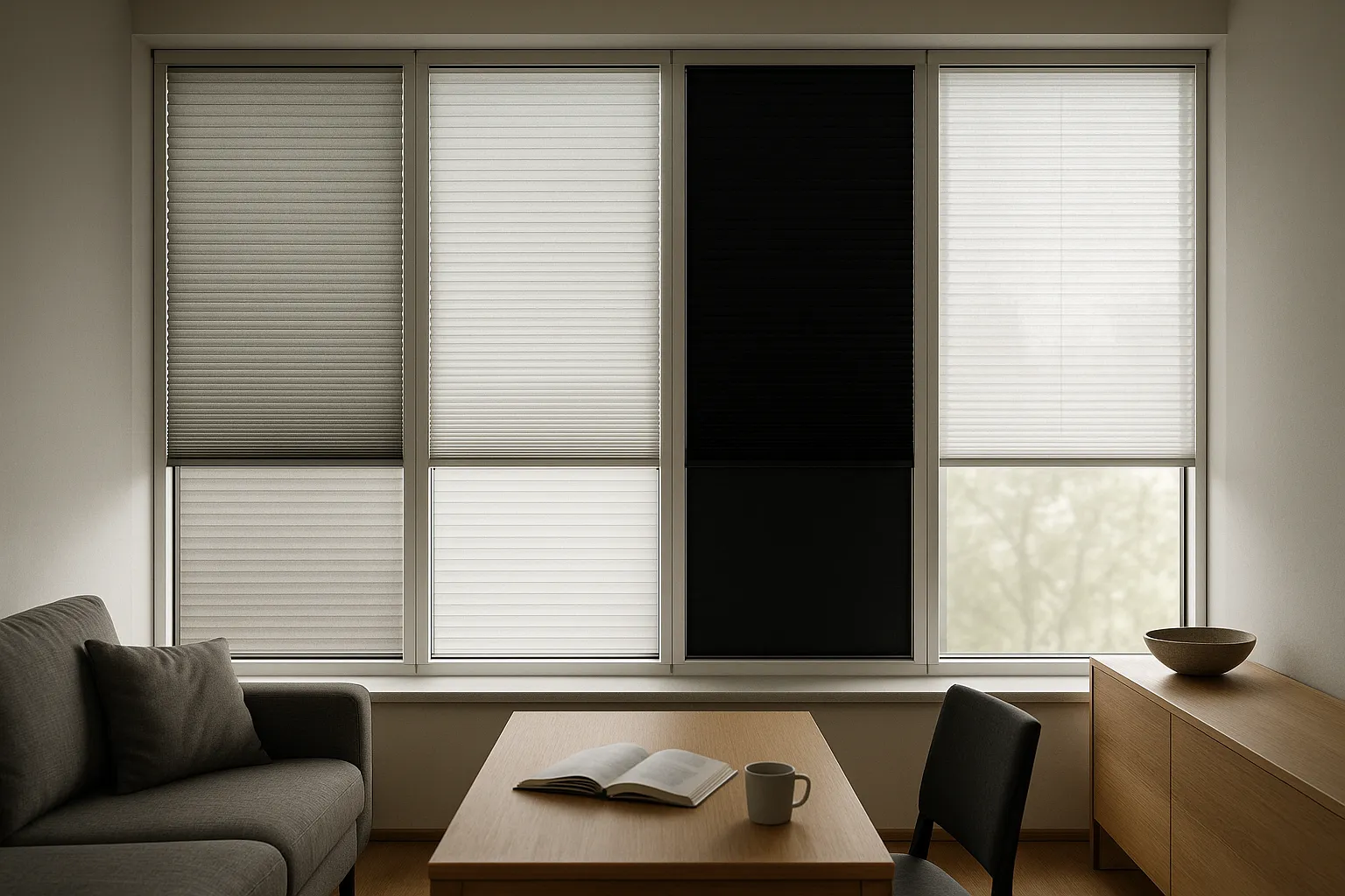 Querformat-Foto eines modernen Raums mit Fenster und vier Plissee-Stoffen: Thermo, Perlmutt, Blackout und ein helles, lichtdurchlässiges Gewebe, das Tageslicht weich streut und Sichtschutz bietet; straffe Führungsschienen nahe der Scheibe.