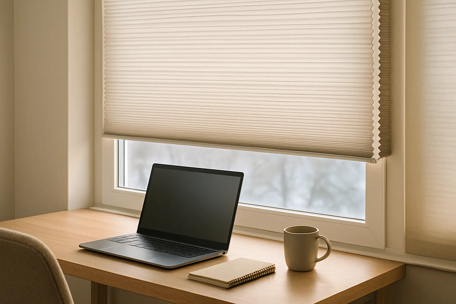 Home-Office vor einem Fenster mit geschlossenem Wabenplissee, das Tageslicht weich streut und blendfreies Arbeiten ermöglicht; draußen winterlich, innen warm und gemütlich.