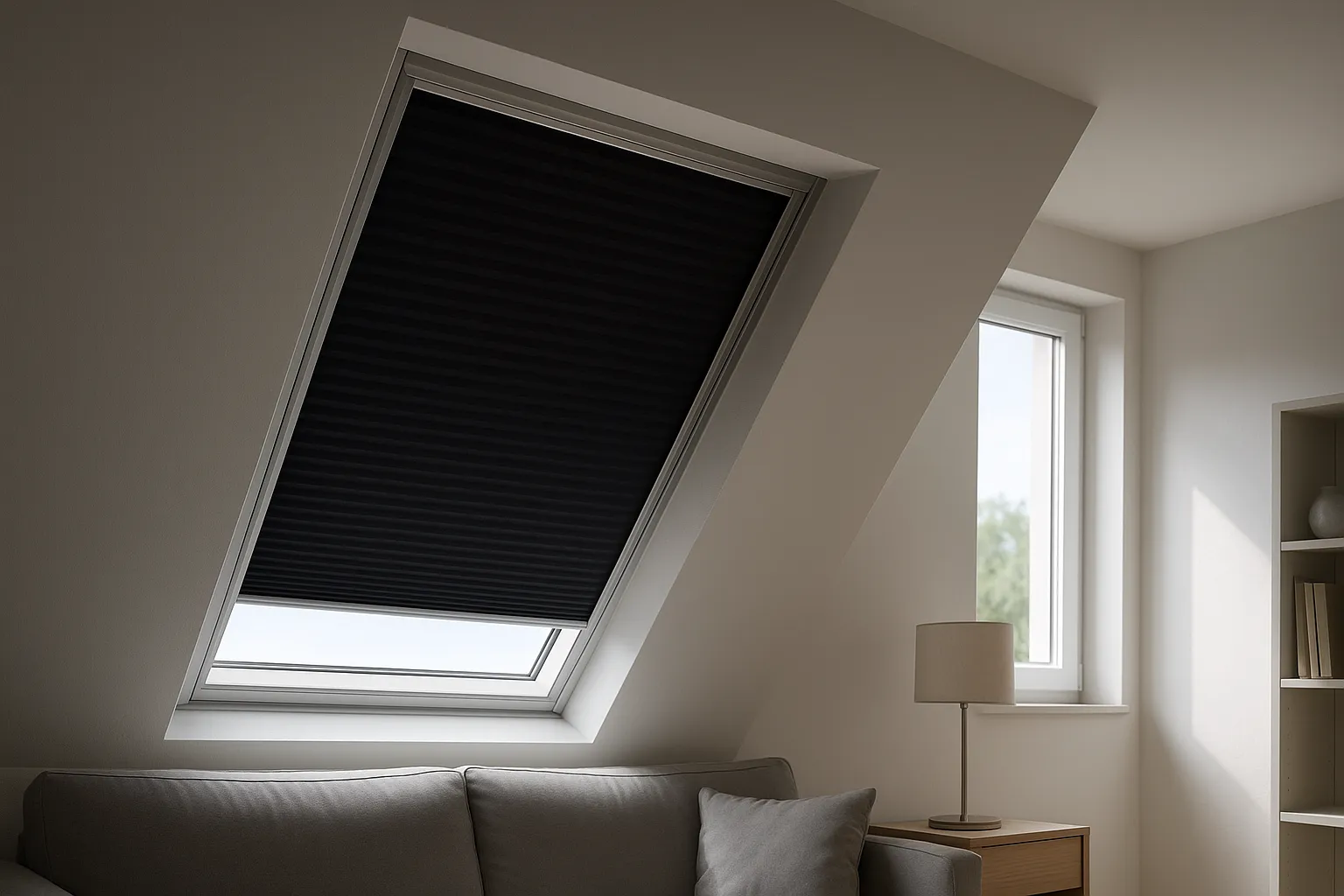 Dachfenster mit passgenauem Plissee und seitlichen Führungsschienen, der Stoff verläuft parallel zur Scheibe mit minimalen Lichtspalten, realistische Innenraumaufnahme im Querformat.
