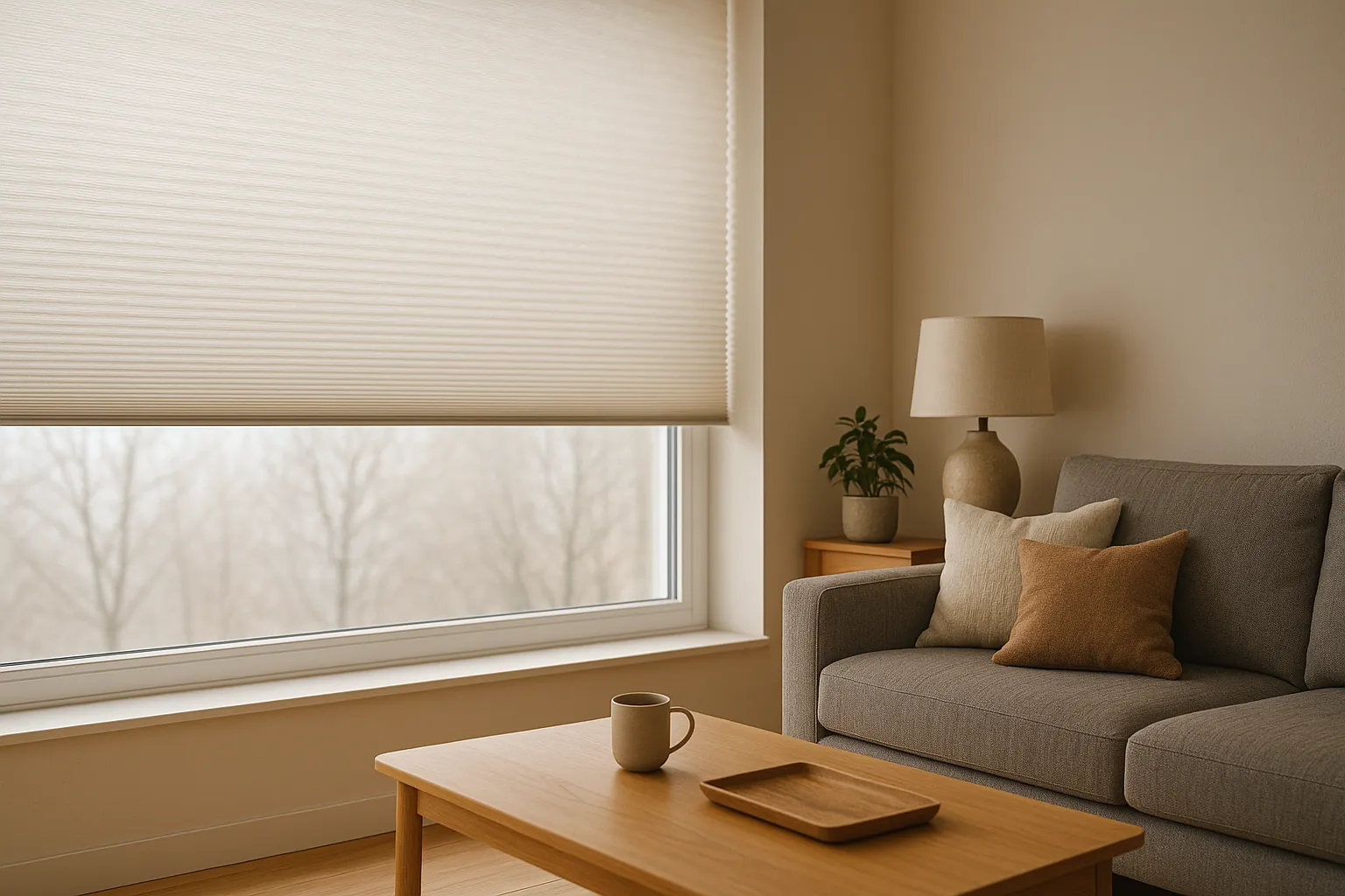 Querformat-Foto eines Wohnzimmers mit transluzentem Wabenplissee, das Tageslicht gleichmäßig streut; draußen winterlich diffus, innen warm und gemütlich.