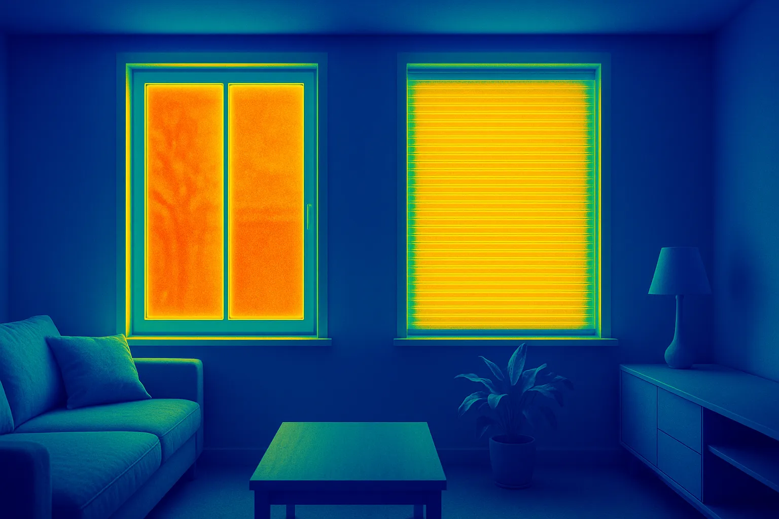 Thermografisches Querformat-Foto eines Wohnzimmers mit zwei Fenstern: links ohne Plissee mit höherer, ungleichmäßiger Wärmeabstrahlung; rechts mit geschlossenem Wabenplissee/Thermoplissee mit geringerer, gleichmäßigerer Oberflächentemperatur.