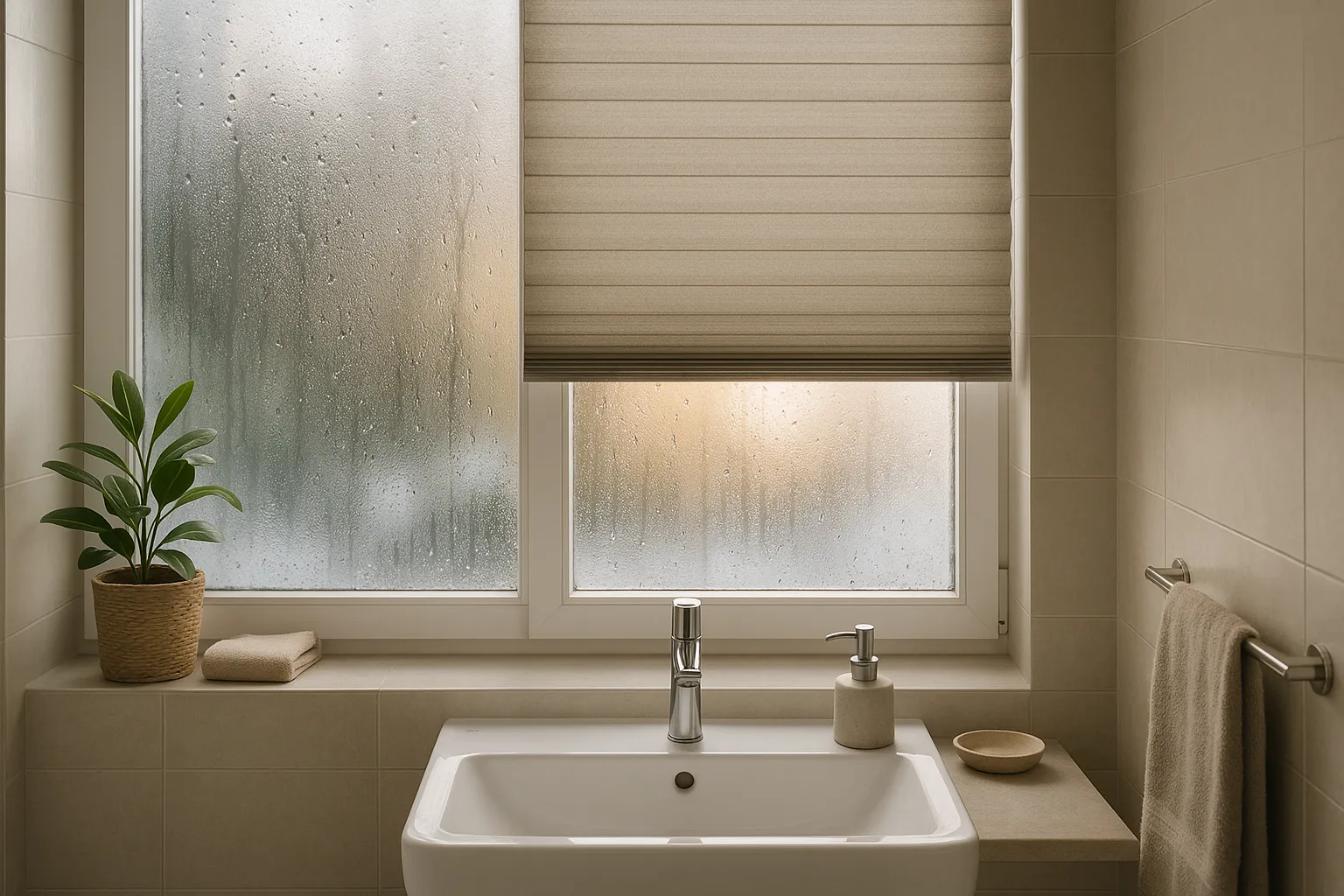 Realistische Querformat-Aufnahme eines modernen Badezimmers mit beschlagenem Fenster und feuchtebeständigen Wärmeschutz-Plissees, die Licht dämpfen und Privatsphäre bieten.