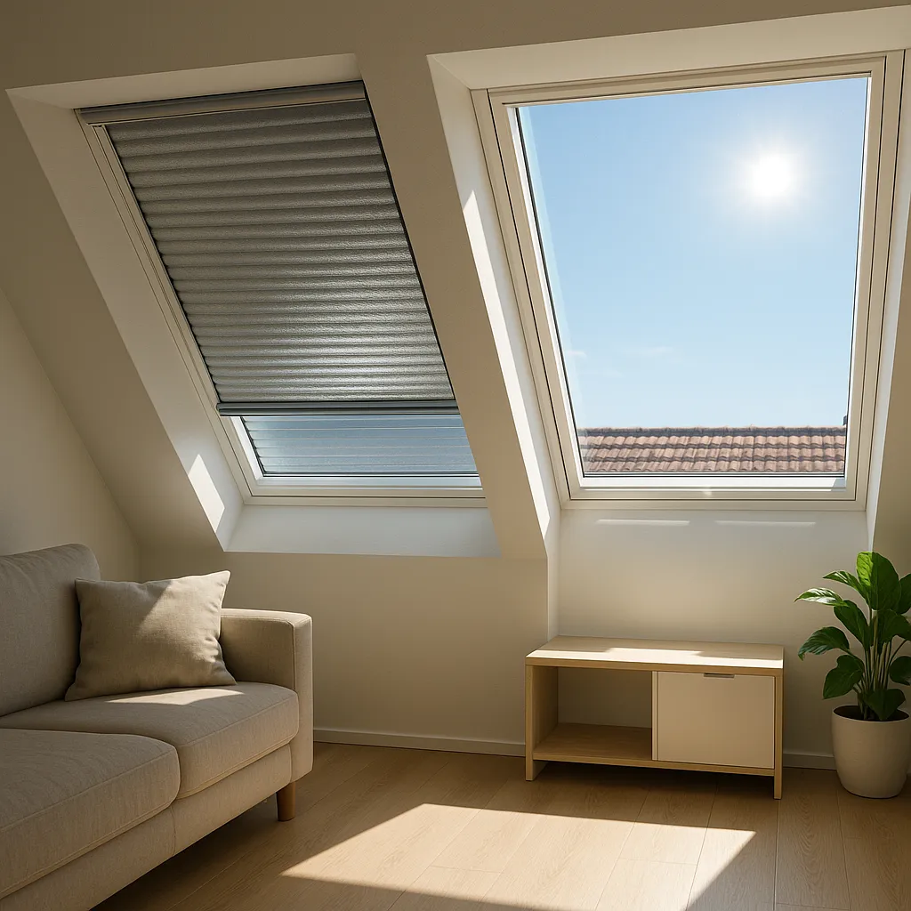 Fotografie eines modernen Dachgeschossraums mit zwei Dachfenstern: Ein Fenster mit geschlossenem Wärmeschutz‑Plissee lässt nur weiches, kühles Licht herein, das andere ohne Plissee wirft harte, grelle Sonnenflecken in den Raum – deutlicher Effekt von Wärmeschutz‑Plissees bei starker Sonneneinstrahlung am Dachfenster.