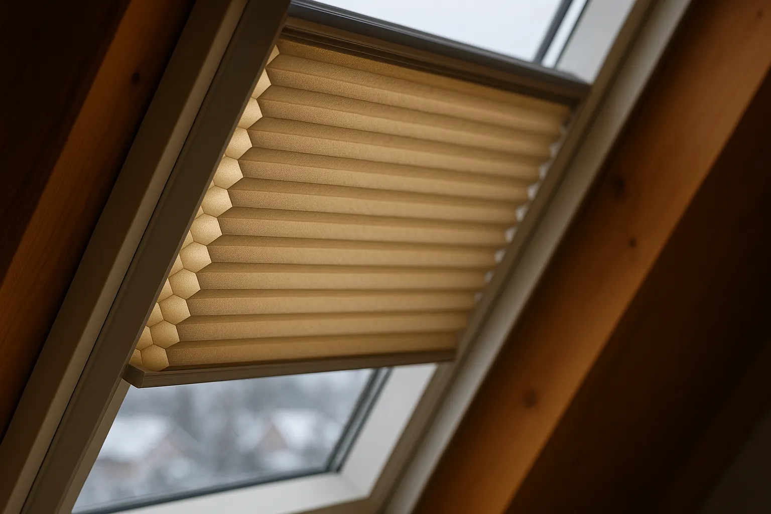 Dachfenster mit Wabenplissee in seitlichen Schienen und dichten Endleisten; winterliche Außenansicht, warmes Innenlicht, fotorealistisch.
