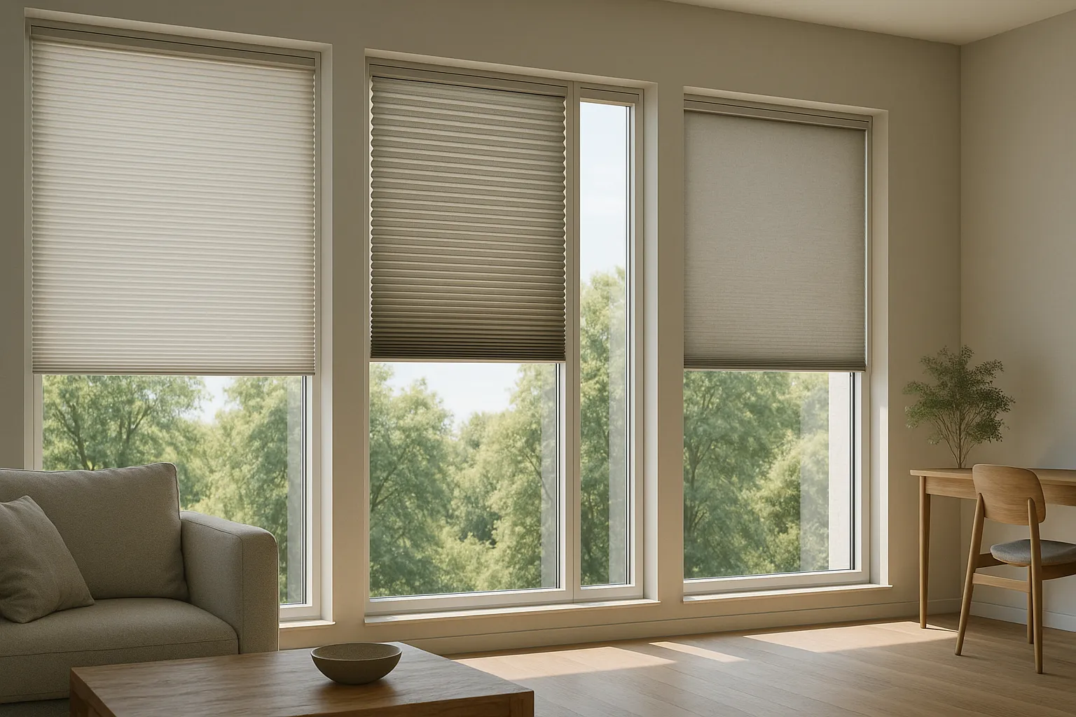 Realistische Querformat-Fotografie eines modernen Innenraums mit drei nebeneinanderliegenden Fenstern: links klassisches Plissee (einlagig), mittig Wabenplissee (doppellagig) mit sichtbarer Wabenstruktur, rechts Thermoplissee (beschichtet); draußen starkes Sonnenlicht, innen gedämpftes, blendfreies Licht.