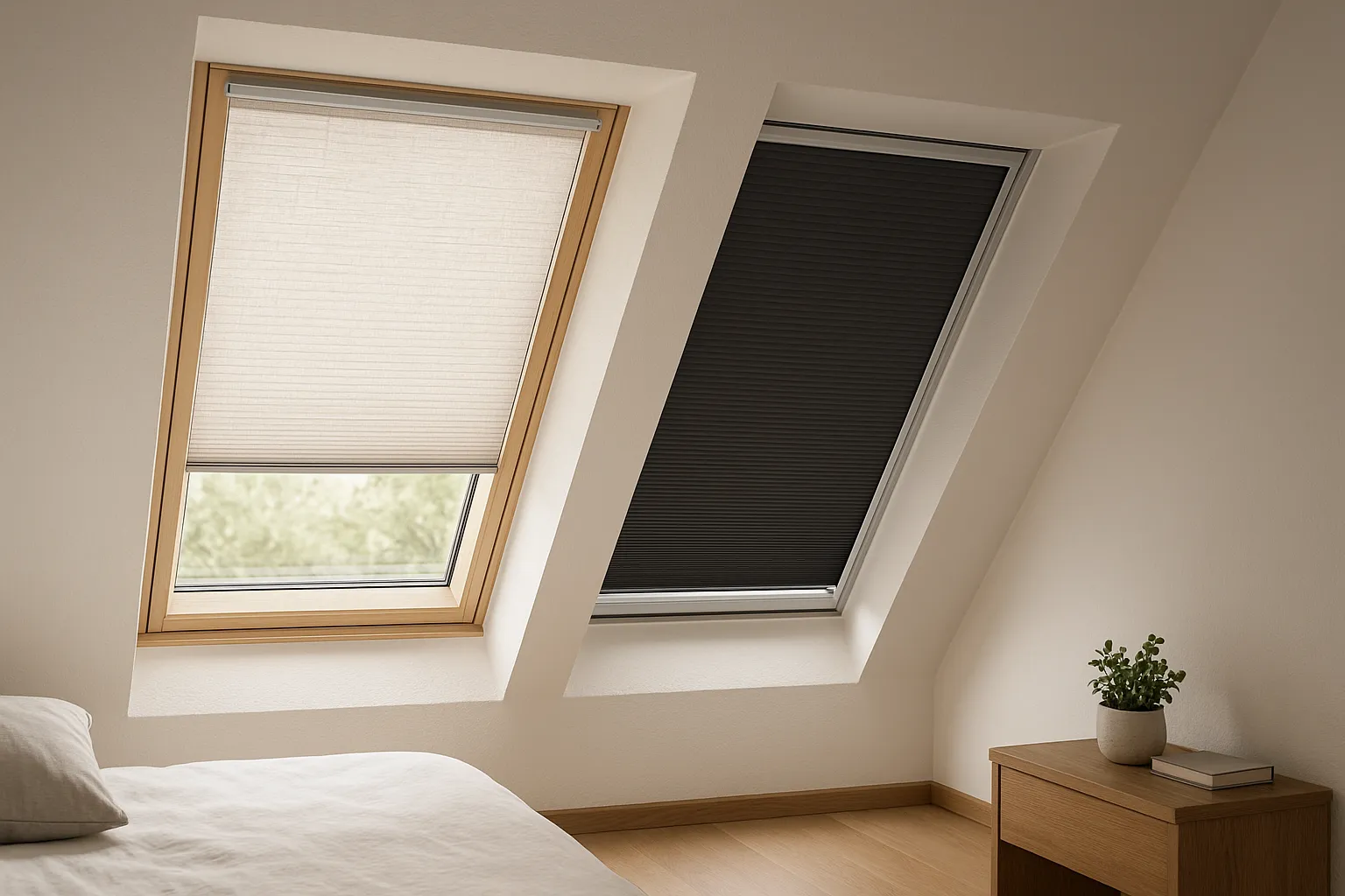 Realistische Querformat-Fotografie eines Dachzimmers mit zwei Dachfenstern: links ein helles, halbtransparentes Leinwand-Plissee für Blendschutz und hellen Raumeindruck, rechts ein dunkelgraues Wabenplissee-Blackout für Verdunkelung und Hitzeschutz, passgenau in den Rahmen montiert ohne Lichtspalte.