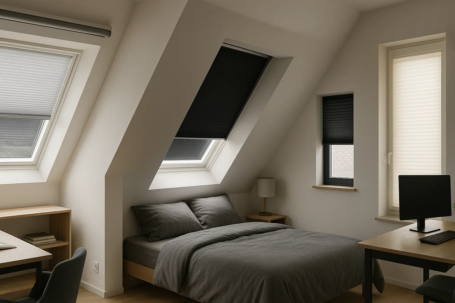 Panoramaaufnahme eines Dachgeschosses: perlmuttbeschichtetes Waben-Plissee im südseitigen Studio, Blackout-Plissee mit Führungsschienen im Schlafzimmer und lichtdurchlässiger Thermo-Stoff im Ost-Homeoffice, realistisch und blendfrei ohne Text oder Grafiken.