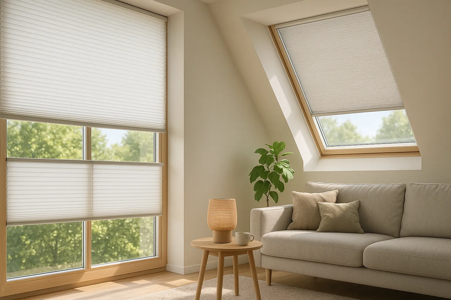 Fotografie im Querformat: modernes Wohnzimmer mit Wabenplissee am Fenster und Thermoplissee am Dachfenster; starkes Sonnenlicht wird reflektiert und weich gestreut, das Raumklima wirkt angenehm kühl.