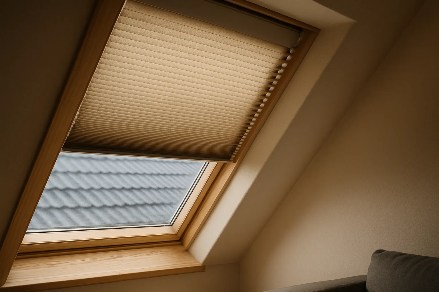 Realistische Querformat-Fotografie eines Dachfensters mit wabenförmigem Thermoplissee; sichtbare Luftkammern an der Kante, diffuses Tageslicht, warmes Interieur und kühle Außenwirkung.
