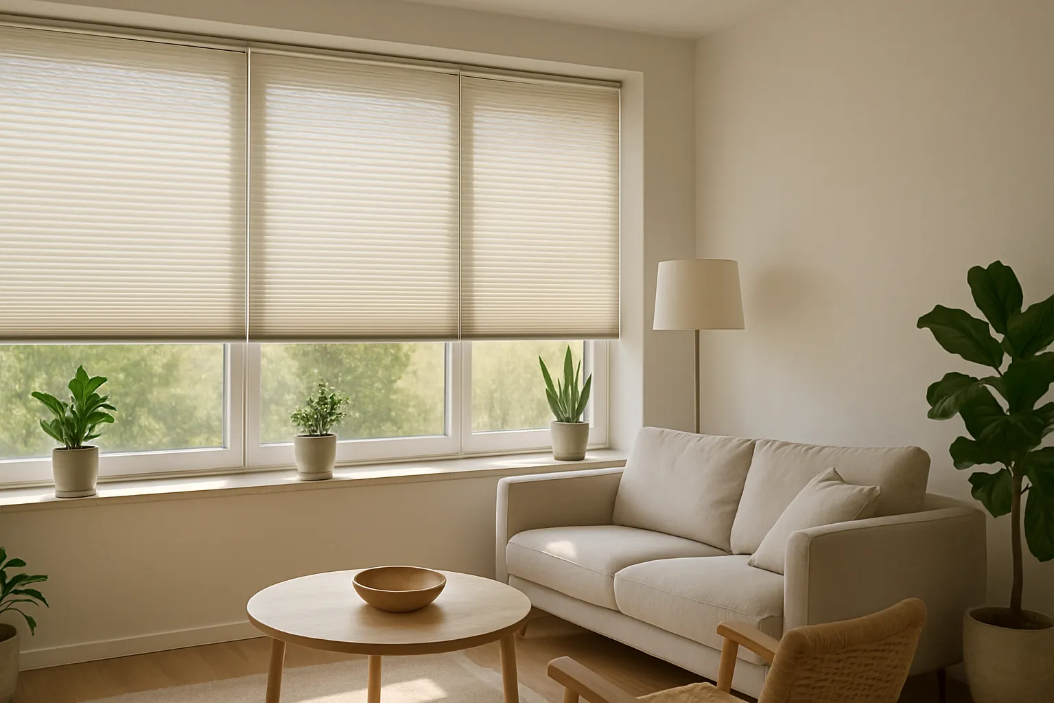 Helle, beschichtete Wärmeschutz‑Plissees an südorientierten Fenstern lassen sanftes Tageslicht in ein modernes Wohnzimmer und reduzieren gleichzeitig den Wärmeeintrag.