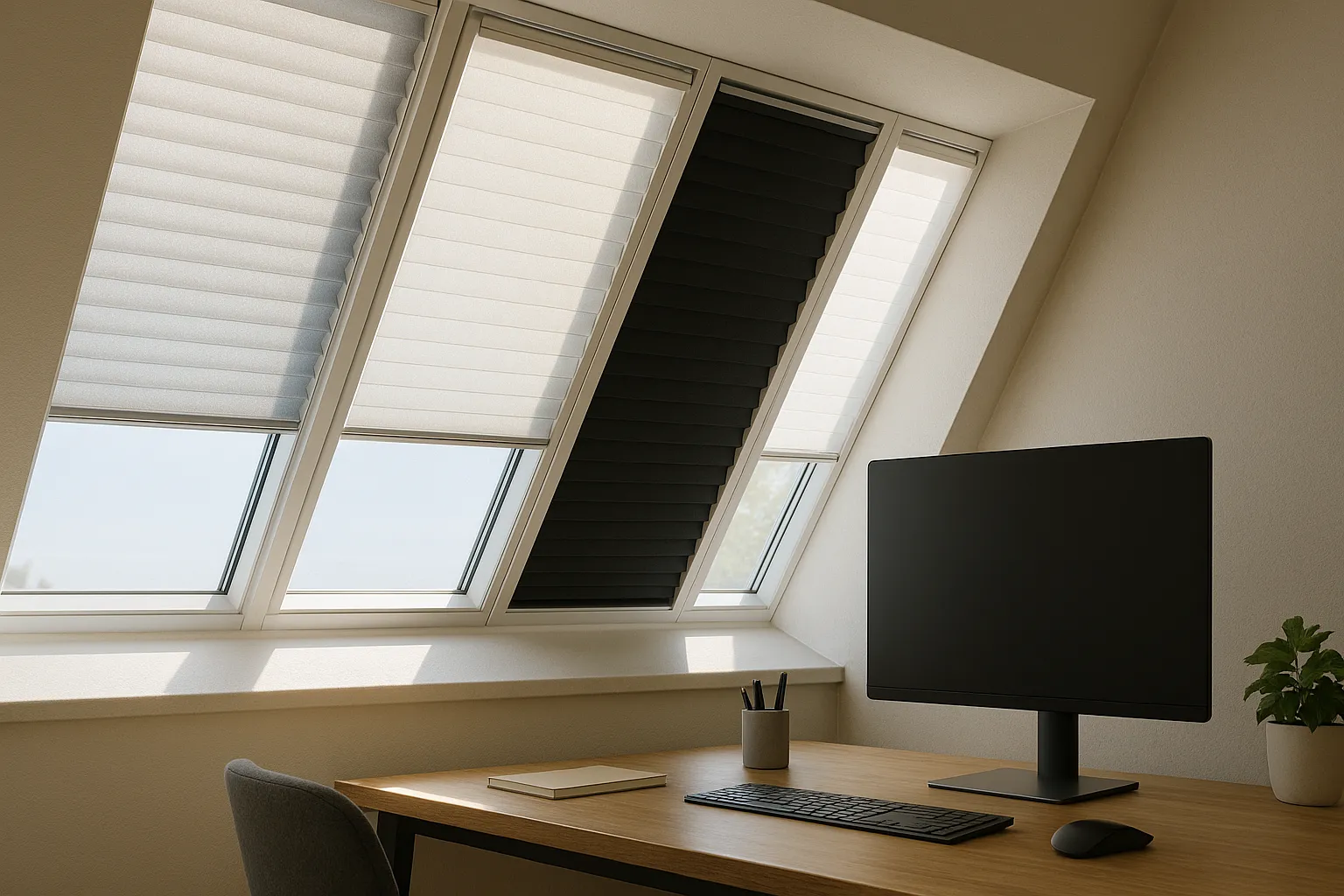 Fotorealistisches Querformat eines modernen Homeoffice mit südorientiertem, leicht geneigtem Fenster in vier Plissee-Bereiche aufgeteilt: Thermo (helle, reflektierende Außenseite, matte Innenseite, mittlere Dichte, seitliche Schienen), Perlmutt (perlmuttschimmernd, leicht lichtdurchlässig), Blackout (opak, verdunkelnd) und lichtdurchlässig (transluzent, diffuser Lichteinfall). Auf dem Schreibtisch steht ein ausgeschalteter Monitor ohne Blendung.
