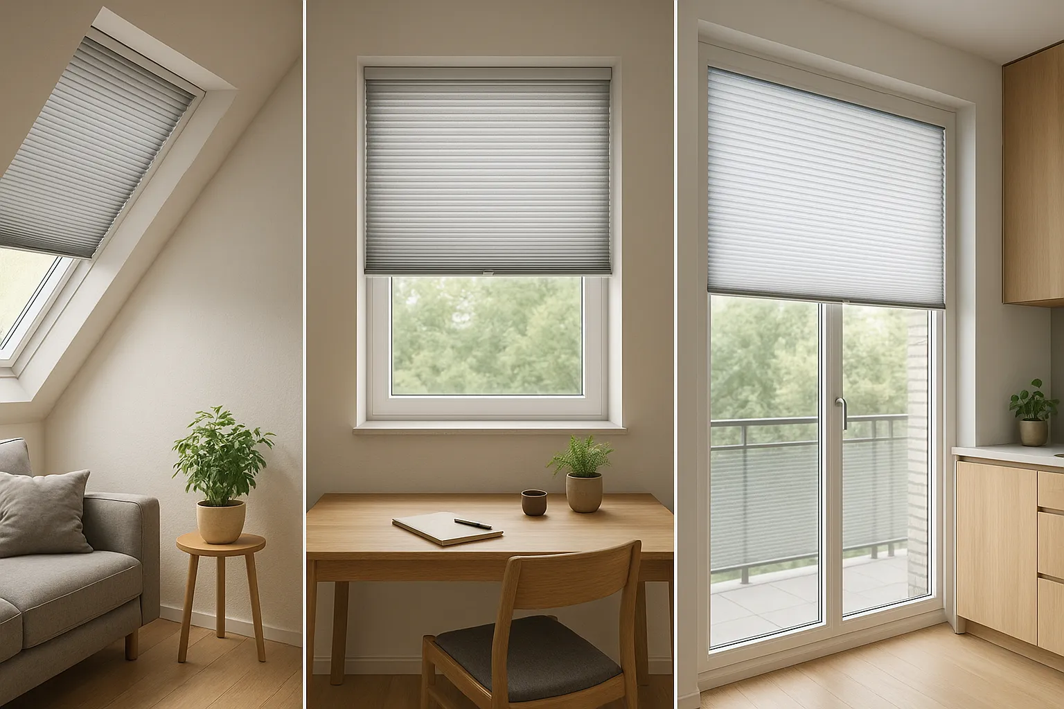 Panorama in Querformat: Dachgeschoss, Arbeitszimmer und Küche mit montierten Wärmeschutz‑Plissees, die direkte Sonne abschirmen und weiches, blendfreies Tageslicht erzeugen.