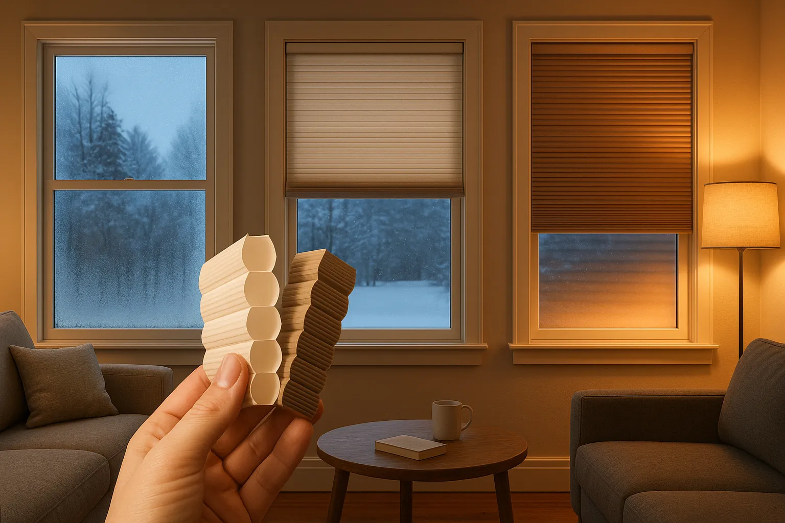 Fotorealistisches Wohnzimmer im Winter mit drei nebeneinanderliegenden Fenstern: links ohne Schutz mit Kondenswasser, Mitte mit Single-Cell-Wabenplissee mit weniger Kondensat, rechts mit Double-Cell-Thermoplissee ohne Kondensation; vorn zwei in der Hand gehaltene Schnittmuster der Wabenstruktur.