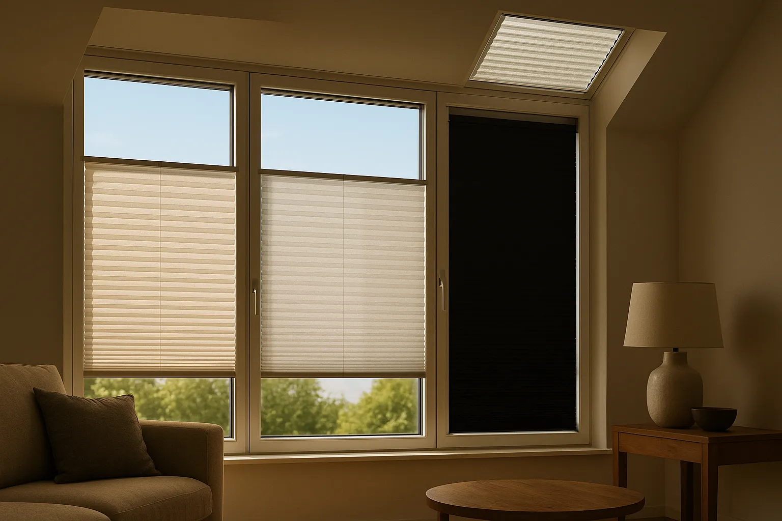 Wohnzimmer mit großem Fenster und Dachfenster, an denen vier Plissee-Varianten gezeigt werden: lichtdurchlässig, Perlmutt, Blackout und Thermo am Dachfenster; sichtbare Unterschiede in Reflexion, Transmission und Absorption bei hellem Tageslicht und warmem Kunstlicht, ohne eingeblendete Texte oder Grafiken.