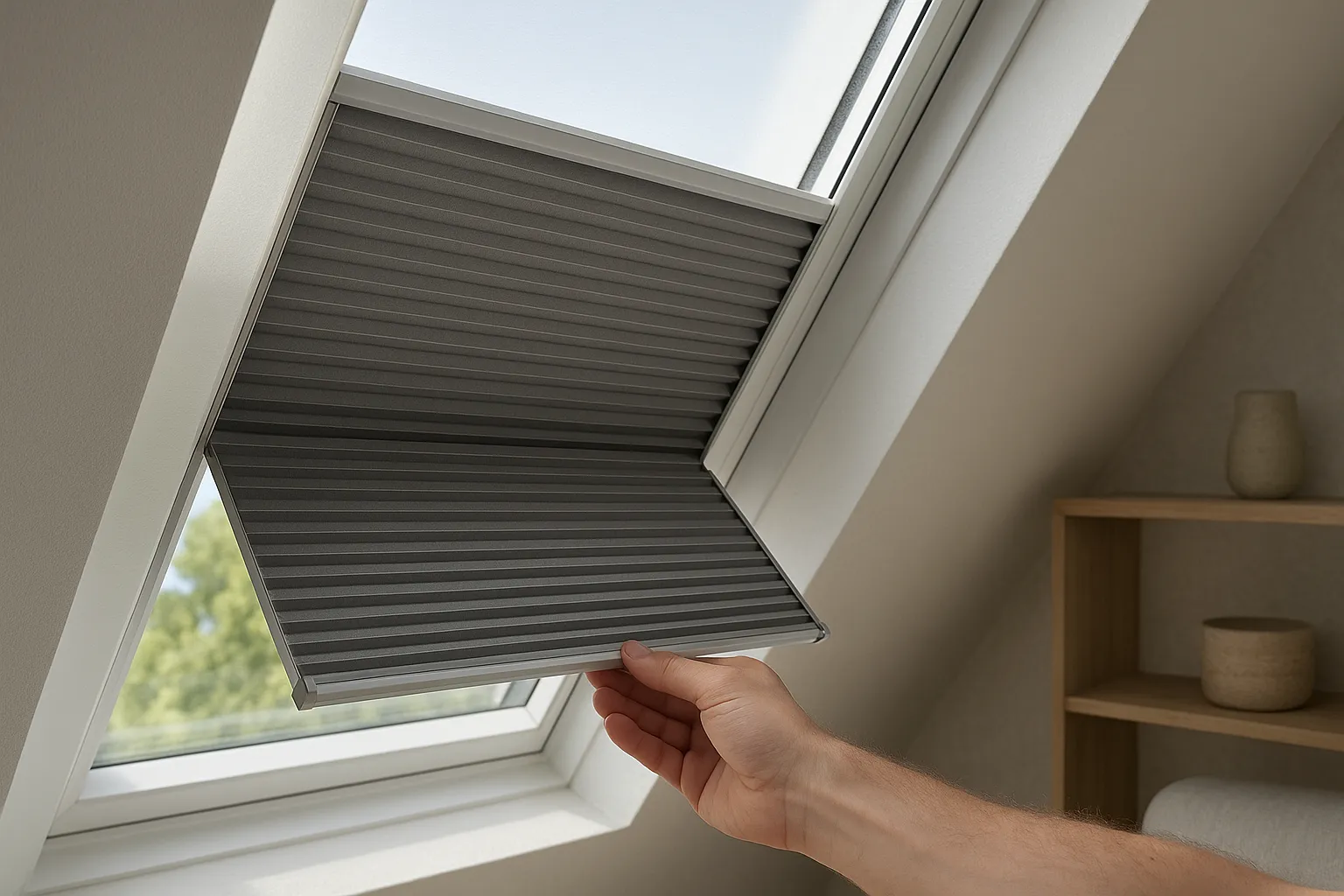 Fotorealistische Aufnahme eines Dachfensters mit passgenauem Plissee; Hand schiebt die Griffleiste für stufenlose Positionierung in geneigter Lage; hitzeschutz- und verdunkelndes Material, Querformat.