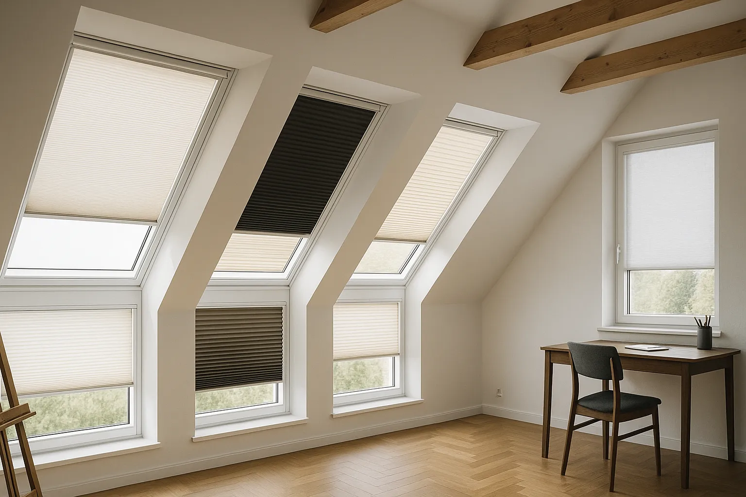 Querformat-Fotografie eines Dachgeschosses mit mehreren Dachfenstern und straff geführten Plissees: Thermo/Perlmutt, Wabenplissee, Blackout mit seitlicher Führung und lichtdurchlässiger Blendschutzstoff über einem Arbeitsplatz.