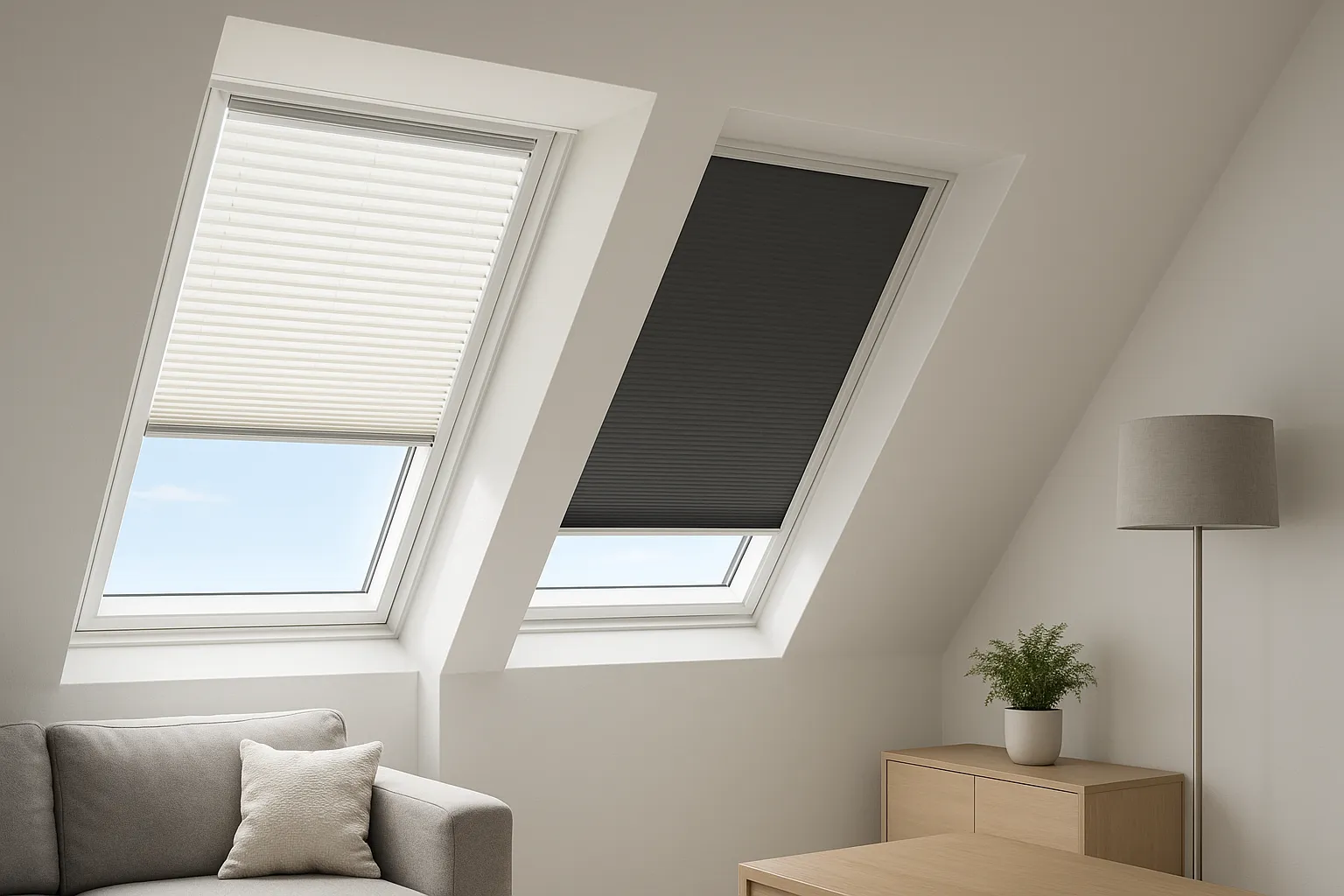 Realistische Fotografie eines modernen Dachraums mit zwei Dachfenstern und passgenauen Plissees: links lichtdurchlässig halb geschlossen zur Blendungsreduktion, rechts verdunkelndes Wabenplissee vollständig geschlossen; seitliche Führungsschienen ohne Lichtspalten, draußen Sommerlicht, innen kühles Raumklima.