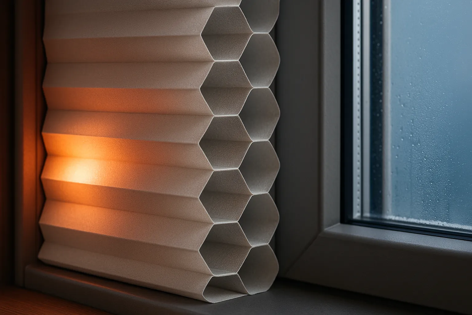 Fotorealistischer Querschnitt eines Wabenplissees mit reflektierender Innenbeschichtung, die warmes Licht einer Heizlampe zurückwirft; außen kühle Fensterscheibe mit Kondensation zur Darstellung von Isolationsleistung und Energieeffizienz.