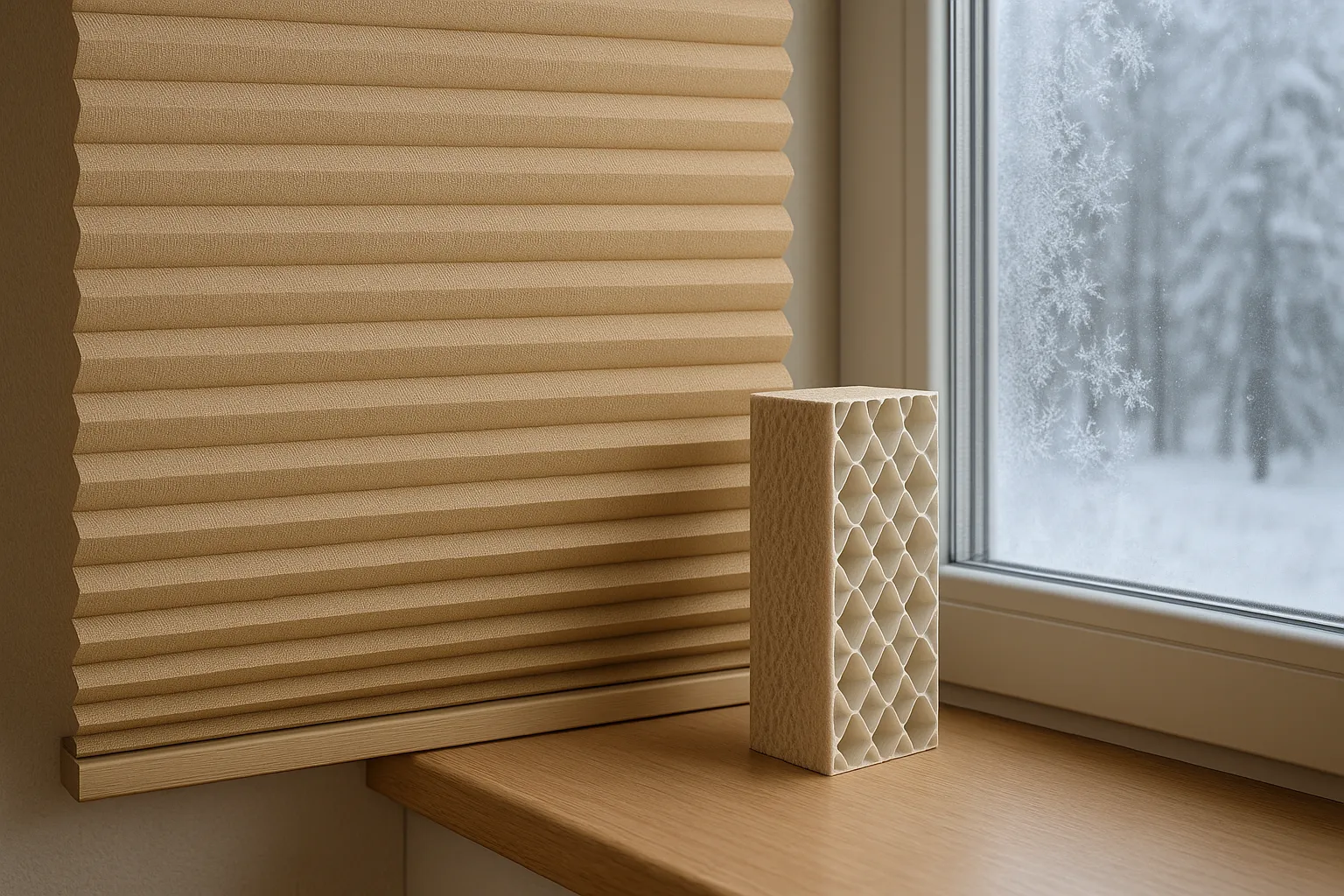 Fotorealistische Nahaufnahme eines geschlossenen Doppelwaben‑Plissees mit sichtbar präsentiertem Querschnitt, der die zwei Lagen hexagonaler Luftkammern und die isolierende Wirkung gegenüber winterlicher Kälte draußen zeigt.