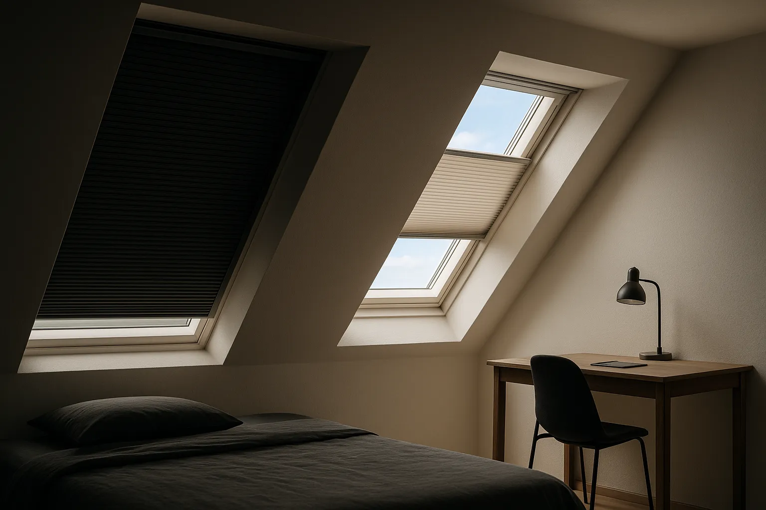 Dachzimmer mit passgenauem Wabenplissee-Blackout und Führungsschienen am Dachfenster; abgedunkelter Raum, zweites Fenster mit lichtdurchlässigem Plissee für Vergleich der Lichttransmission.