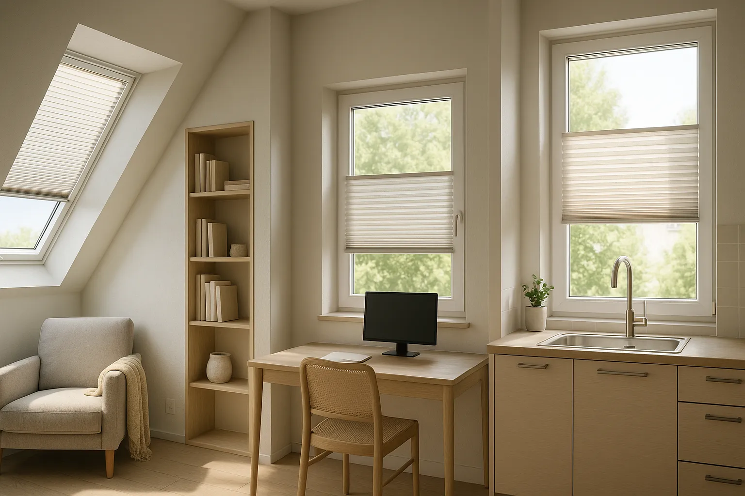 Querformatige, realistische Innenraumaufnahme: Dachgeschoss, Arbeitszimmer und Küche mit Wärmeschutz‑Plissees, weiches Tageslicht, reduzierte Blendung und angenehm kühler Innenraum.