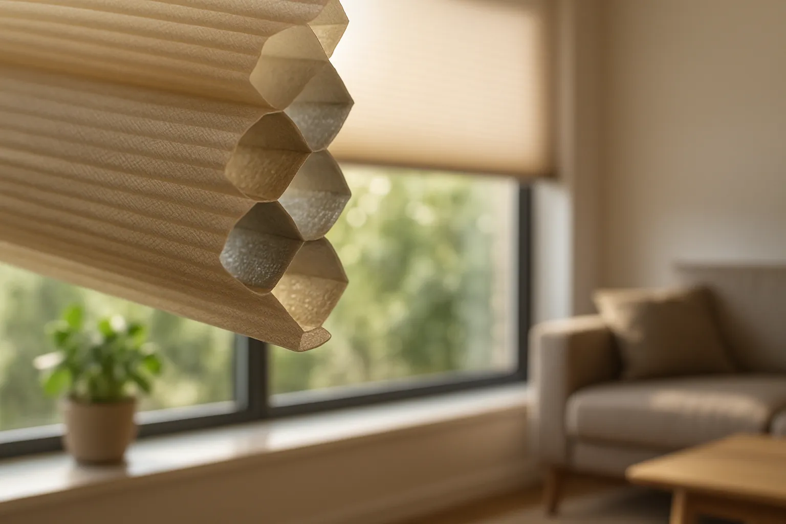 Wabenplissee am Fenster in einem modernen Wohnzimmer; im Vordergrund zeigt eine Schnittkante die doppellagige, luftgefüllte Wabenstruktur mit dezenter thermoreflektierender Beschichtung, während Sonnenlicht reflektiert wird und die Fenster-Randzone behaglich wirkt.