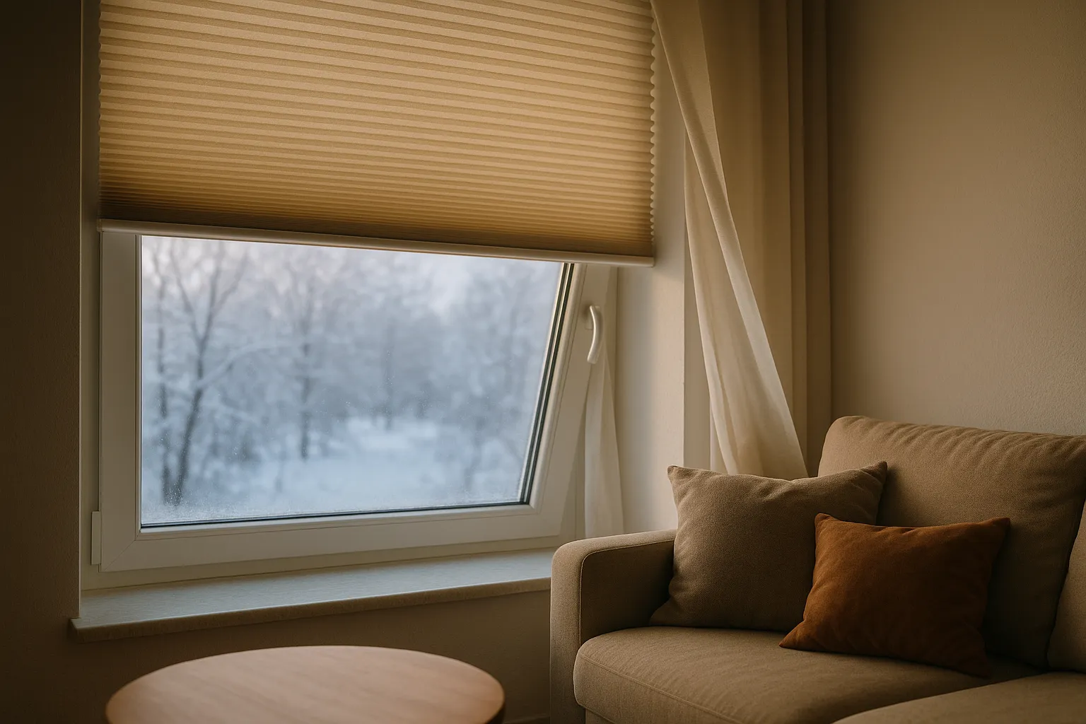 Querformat-Foto eines modernen Fensters mit teilweise geöffnetem Wabenplissee/Thermoplissee und gekipptem Flügel für Luftaustausch; klare Glasscheibe fast ohne Kondensat, winterliche Außenansicht; realistische Darstellung ohne Text oder Grafiken.