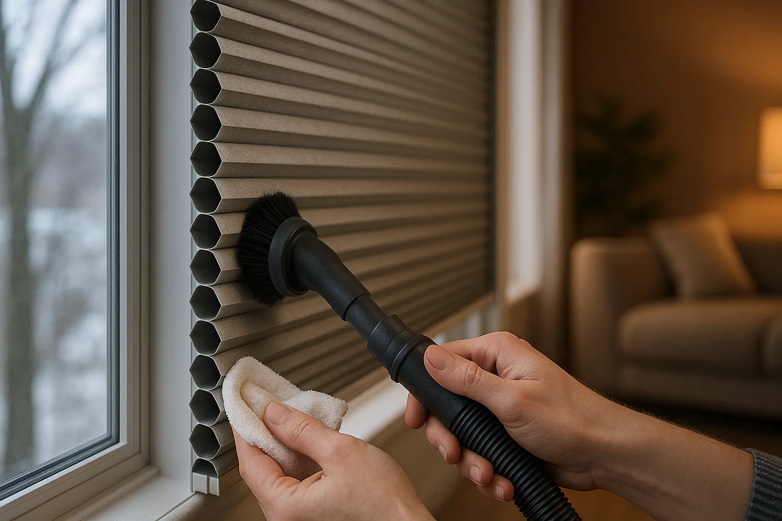 Fotorealistische Szene: doppellagiges Wabenplissee am Fenster mit sichtbarem Wabenkantenprofil; eine Hand staubt mit Bürstenaufsatz sanft ab, eine zweite tupft einen kleinen Fleck mit feuchtem Mikrofasertuch, Beschichtung bleibt geschont; winterliche Außenansicht, warme Innenstimmung, Querformat.