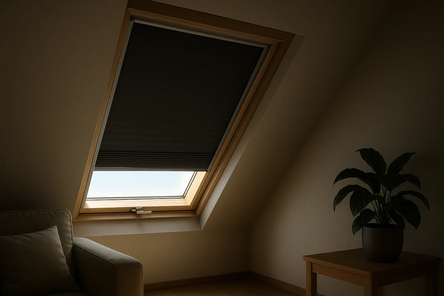 Dachfenster mit passgenauem Wabenplissee und Führungsschienen, außen grelle Sommersonne, innen abgedunkelt und kühl; dunkle Stoffvorderseite, reflektierende Rückseite zur Scheibe, minimale Lichtspalte.