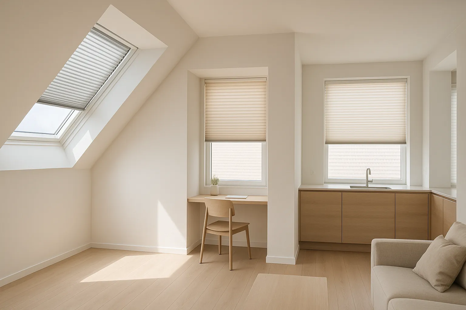 Querformatige Fotografie eines modernen Wohnraums mit Dachfenstern, Arbeitszimmer und Küche, alle mit Wärmeschutz‑Plissees in unterschiedlichen Stellungen zur Reduktion von Blendung und Wärme; weiches, gleichmäßiges Tageslicht und ruhige, klare Linien.