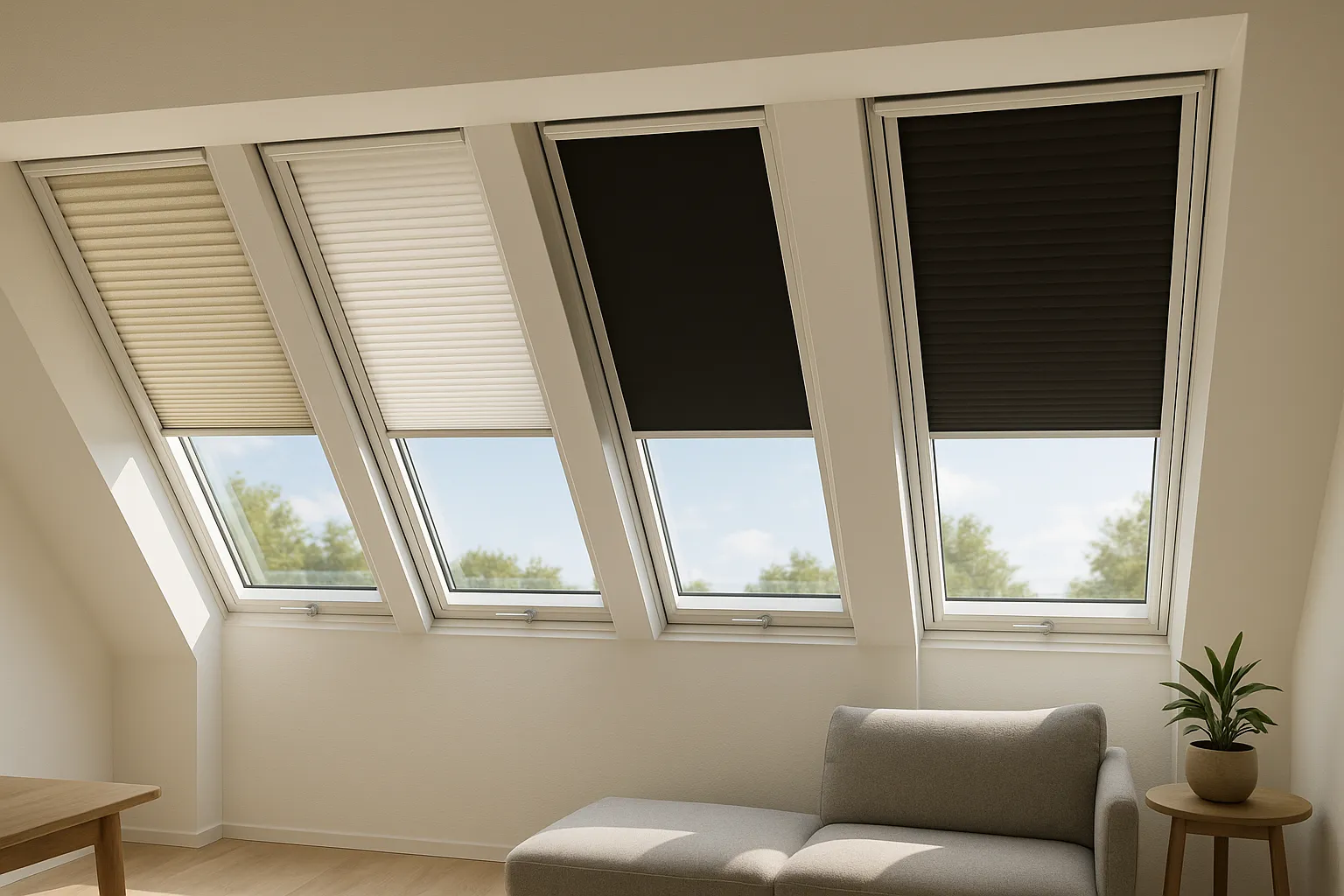 Dachzimmer mit mehreren Dachfenstern und Plissees: Thermo-Wabenplissee, Perlmutt, Blackout und lichtdurchlässig, mit klar unterschiedlicher Lichtwirkung.